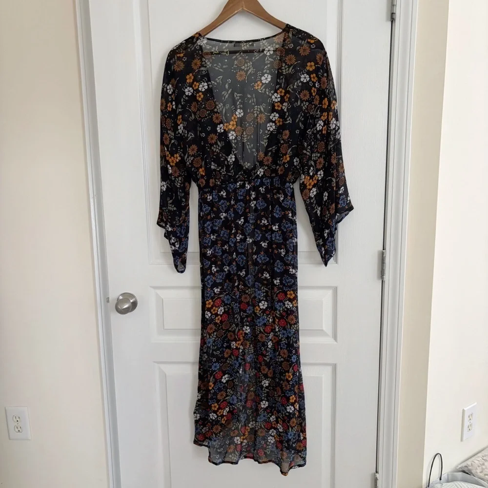 Floreat Black Floral Longline Kimono One Size Boho Anthropologie